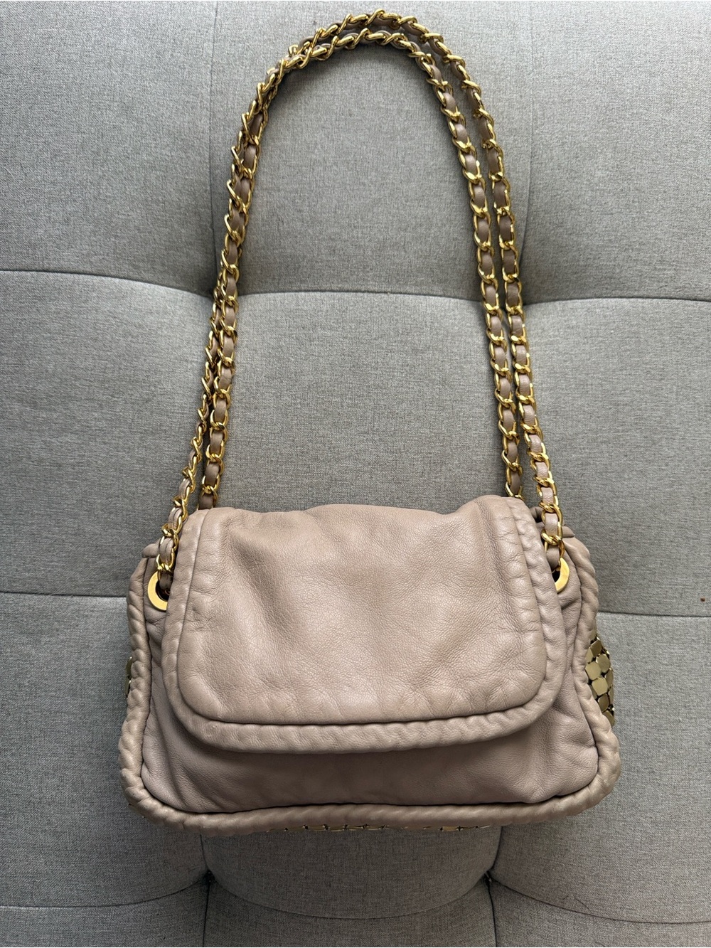 Elie Tahari Nina Mini Taupe Leather Gold tile Chain Strap Shoulder Bag Rare!